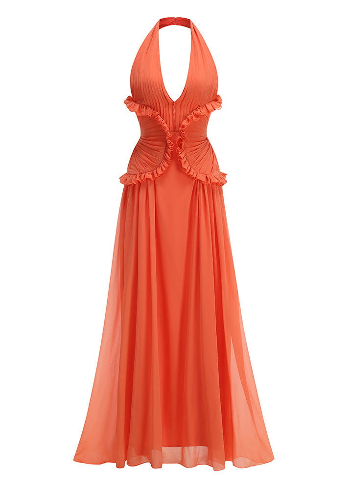 Deanne Halter Neck Ruffle Maxi Dress In Orange