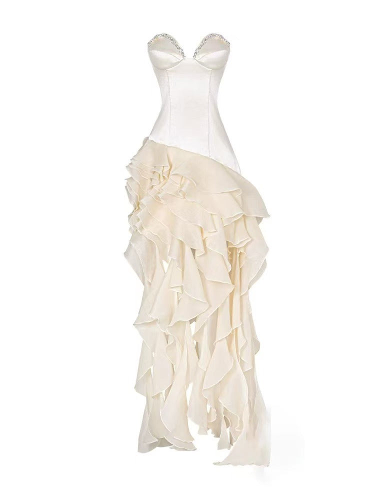 Dounia Crystal Ruffle Fringe Mini Dress In White