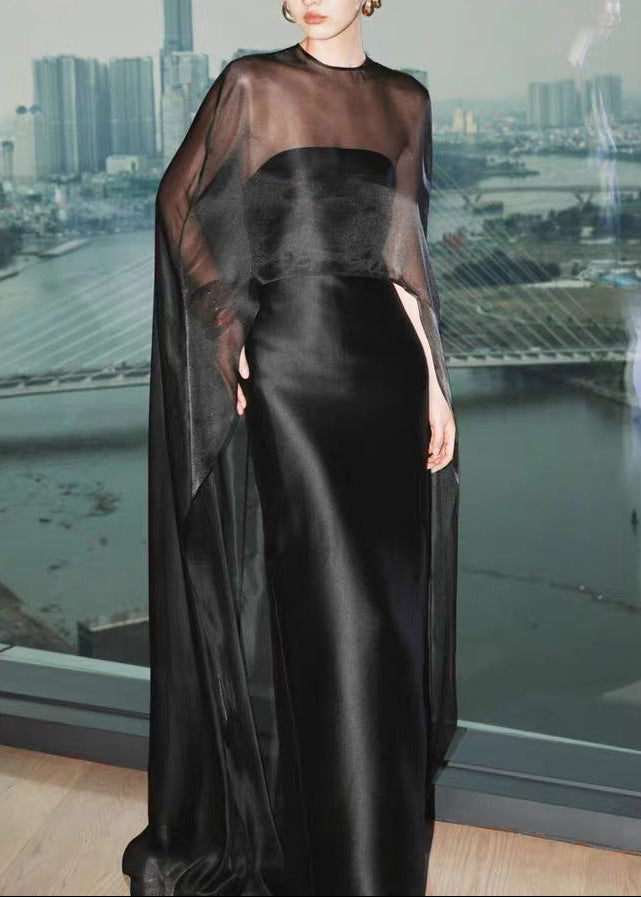 Elwood Mesh Shawl Silky Maxi Dress In Black
