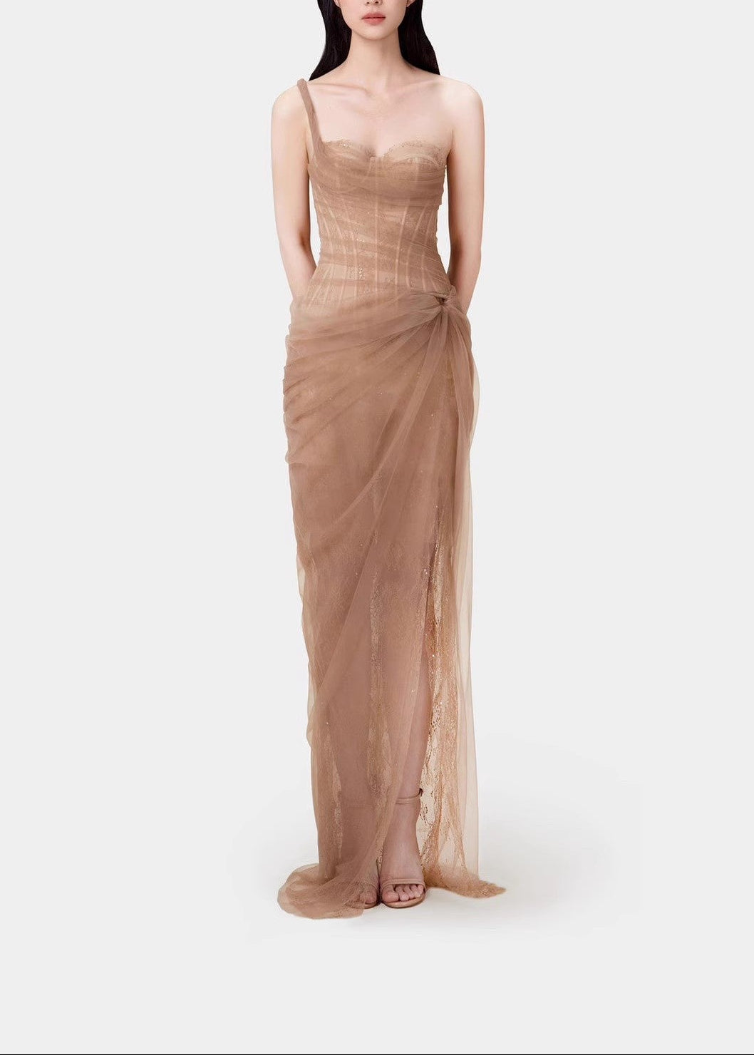 light brown maxi dress Decima One Shoulder Corset Mesh Maxi Dress In Light Brown – Couture Denims