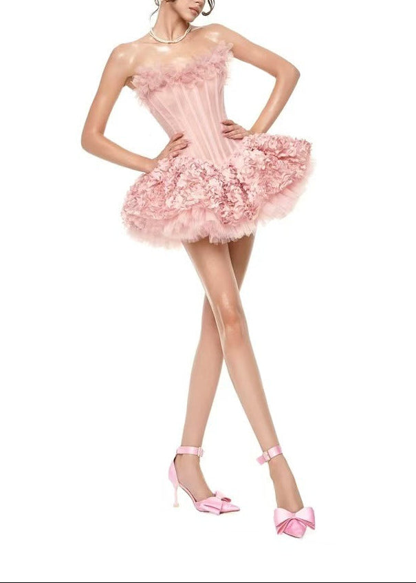 Dazbog Corset Flower Puffy Mini Dress In Pink