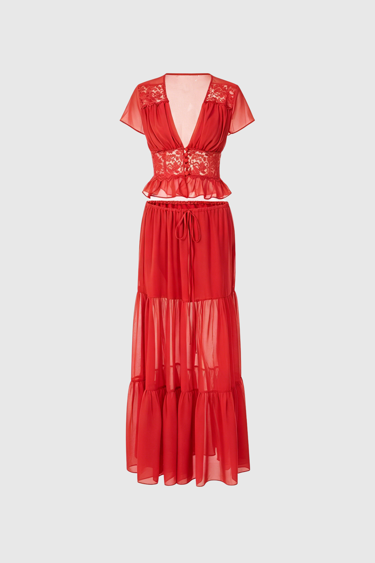 Flaviu Crop Lace Skirt Set In Red