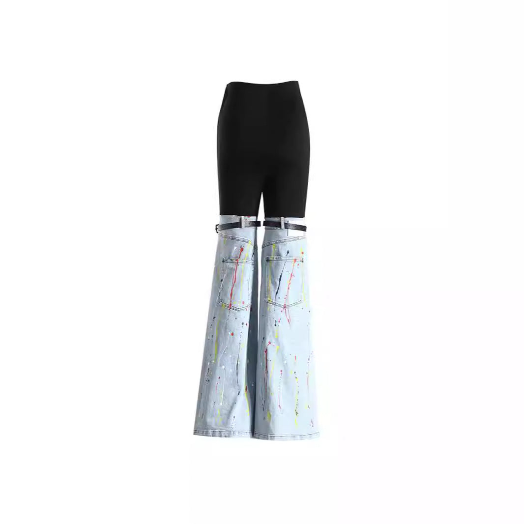 Blessing Buckle Patchwork Color Print Jeans