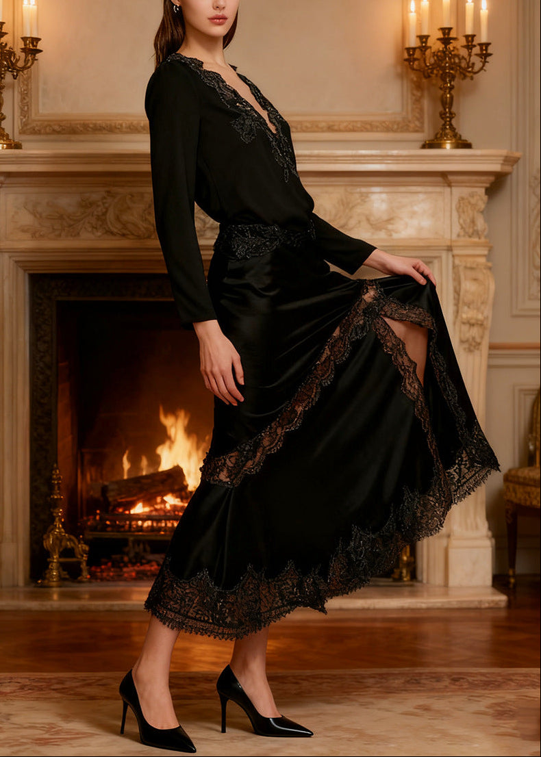 Egino Plunge Split Lace Skirt Set In Black