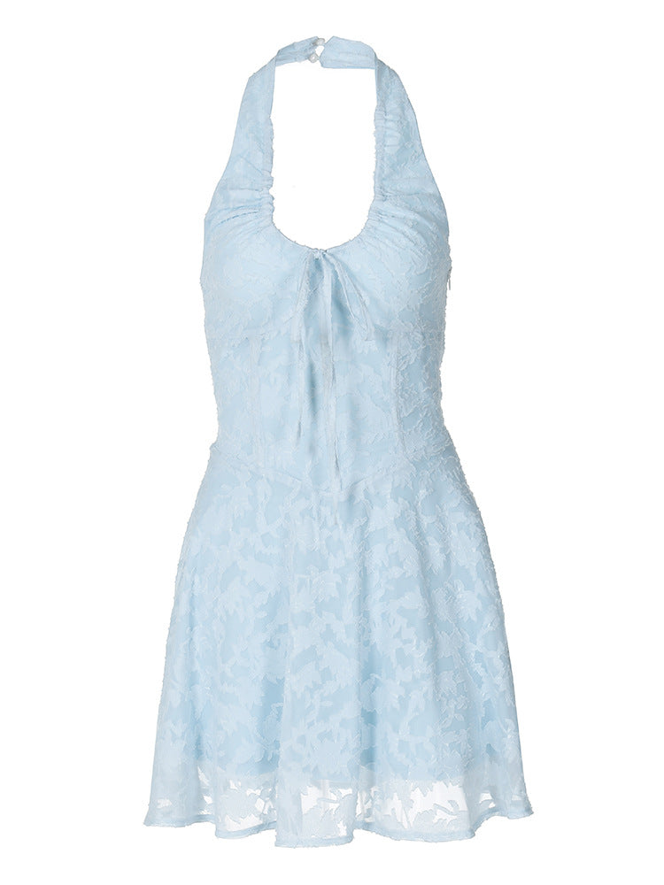 Arifah Lace Halter Neck Floral Ruffle Mini Dress