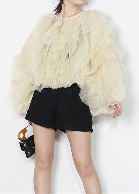 Zalak Mesh Ruffle Ruch Shirt In Apricot