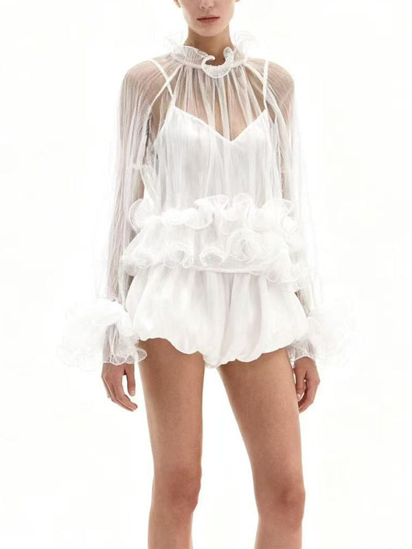 Fahima Ruffle Mesh Top In White