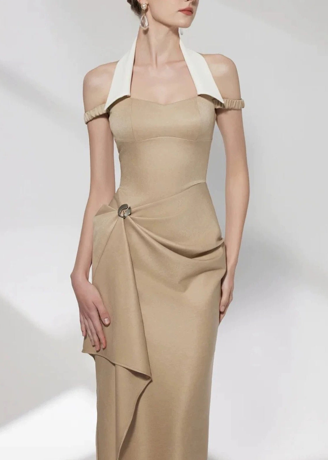 Cambria Halter Neck Asymmetric Midi Dress