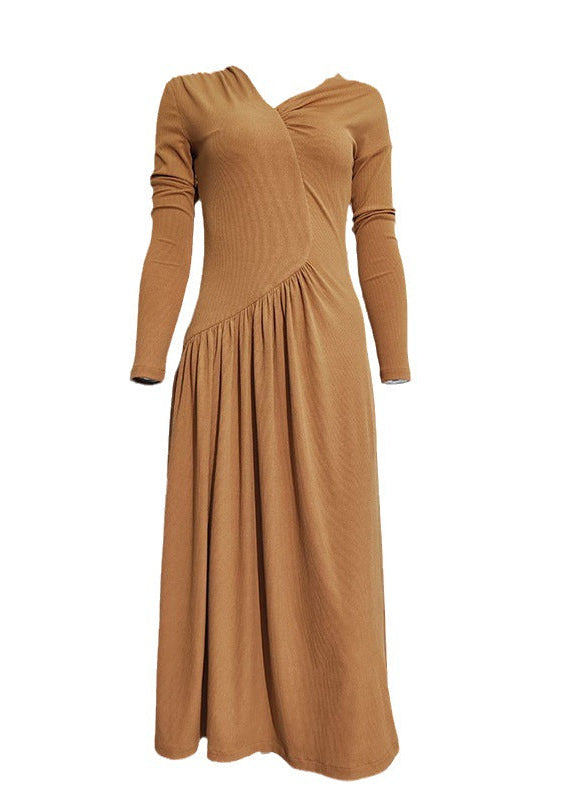 Dekel One Shoulder Asymmetric Ruch Maxi Dress In Khaki