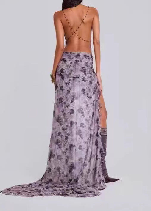 Braam Cow Neck Print Backless Maxi Dress