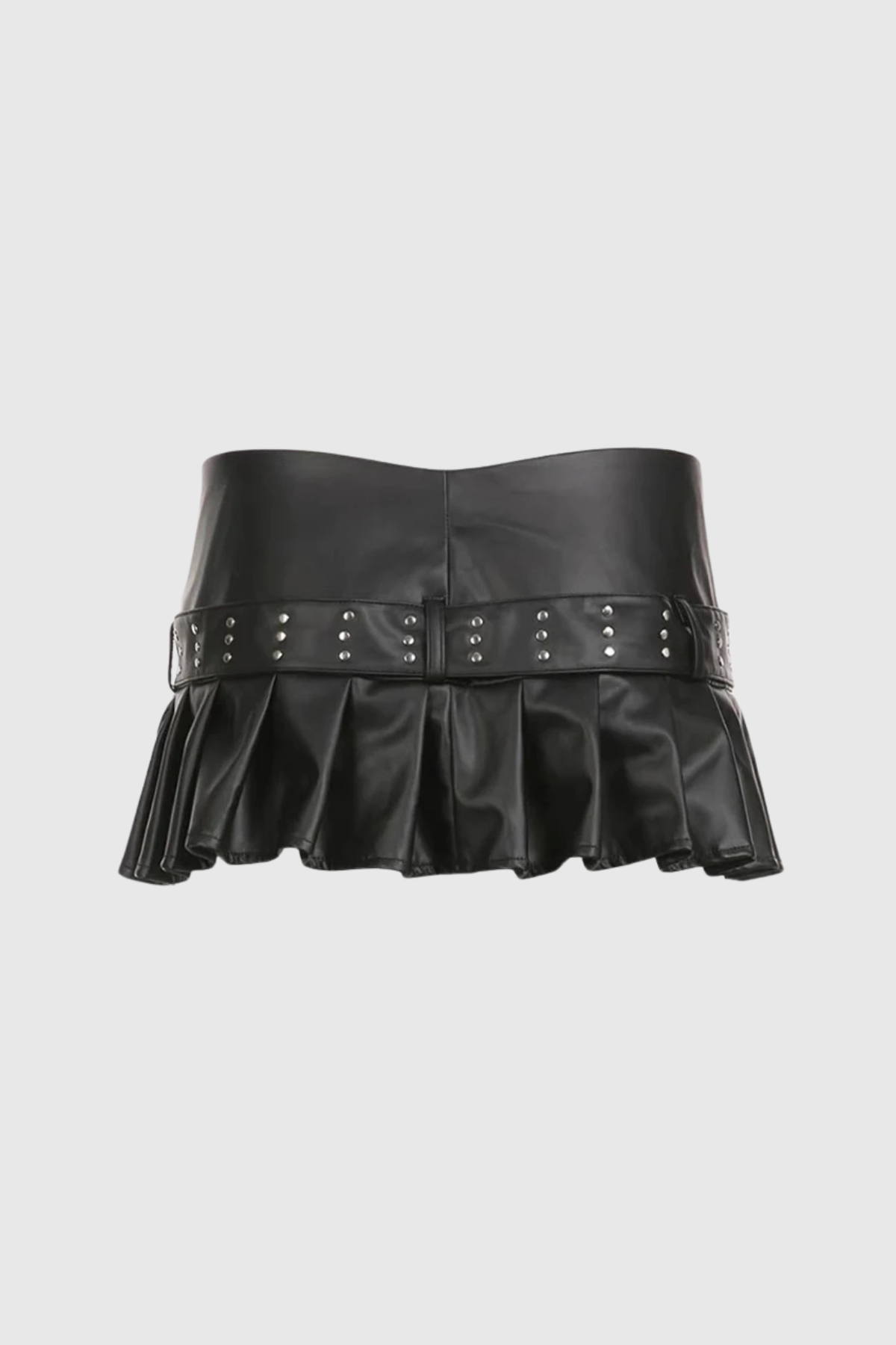 Afroditi Buckle Ruffle Split Short Leather Skirt
