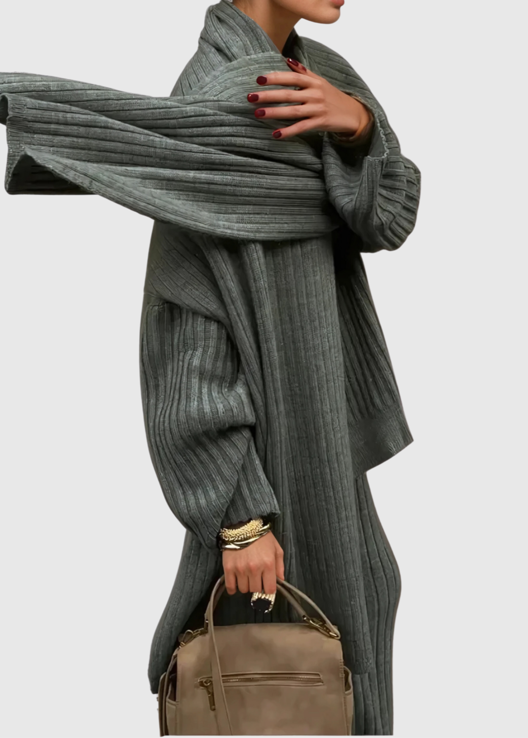 Aiman Shawl Lace Up Knit Pants Set In Green