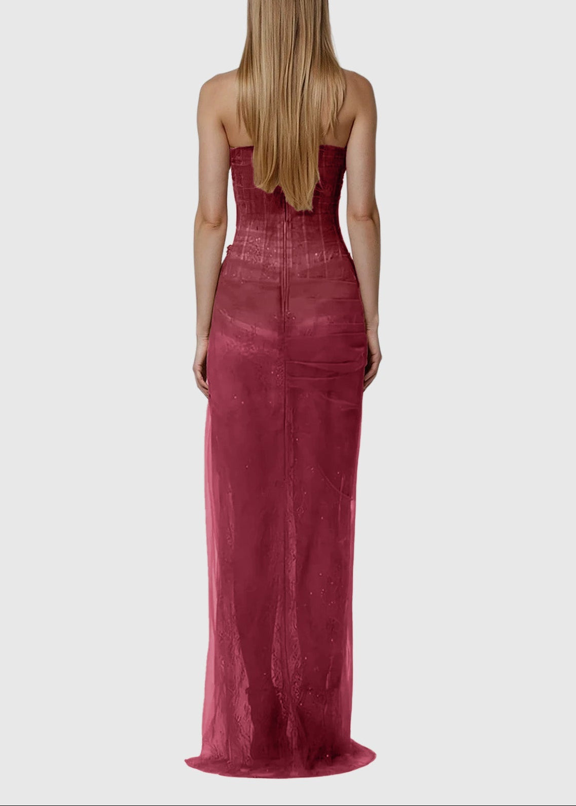 Decima One Shoulder Corset Mesh Maxi Dress In Red