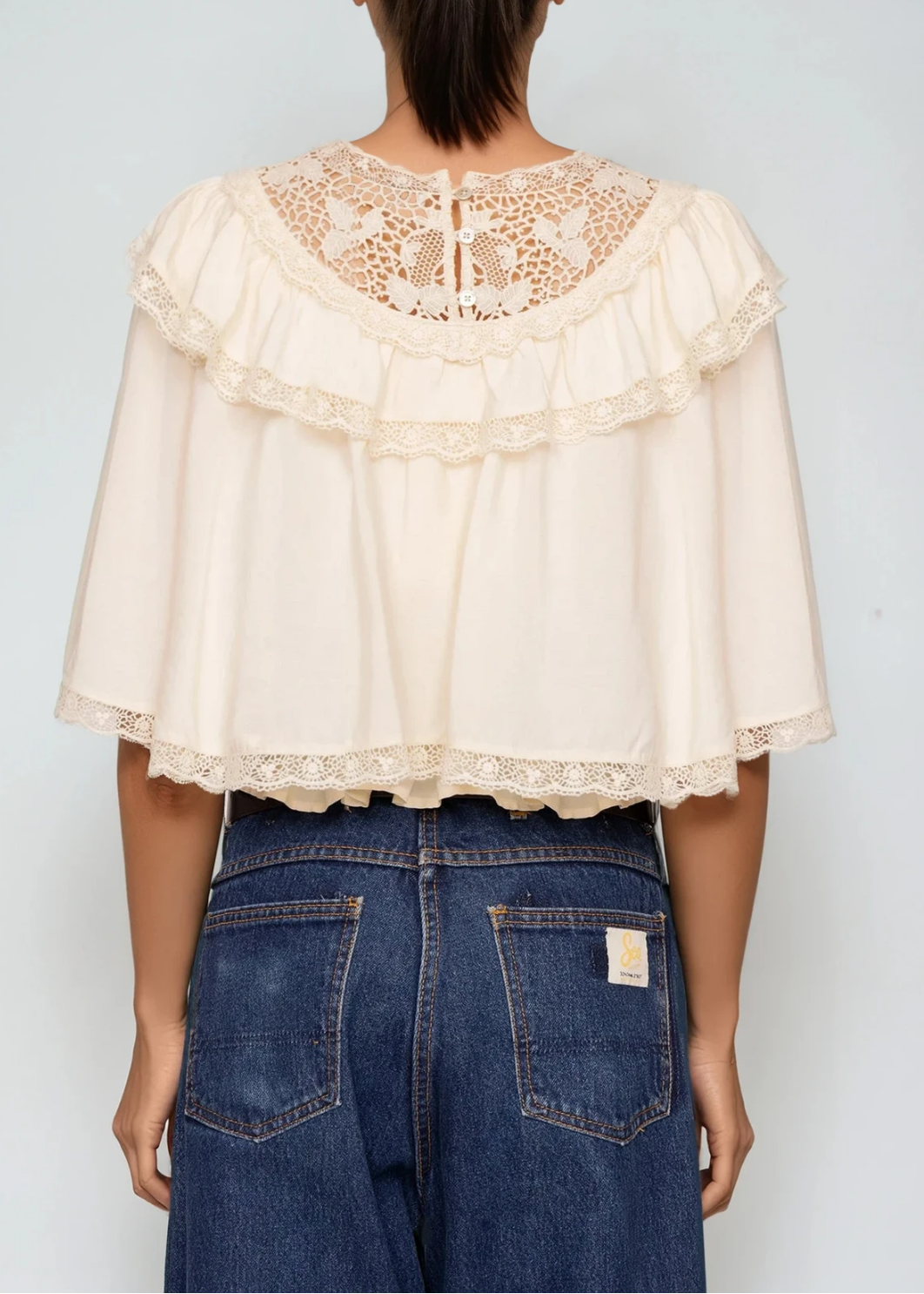 Dermid Lace Ruffle Shawl Top In Beige