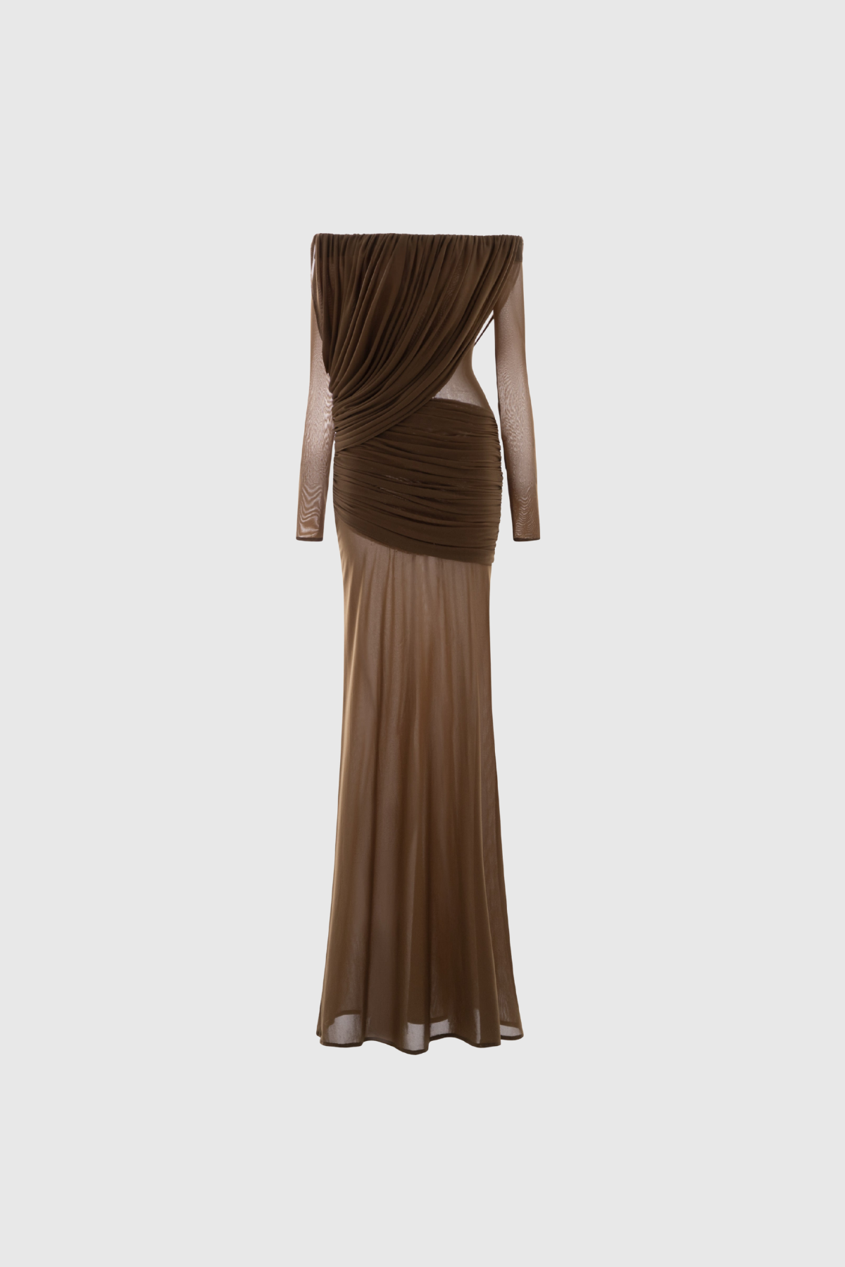 Fikri Off Shoulder Ruch Mesh Maxi Dress In Brown