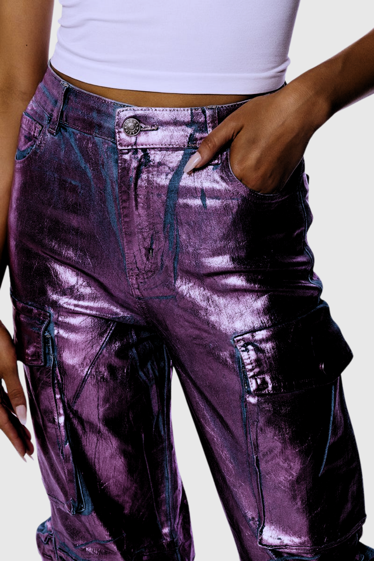 Ferley Metallic Cargo Jeans In Purple