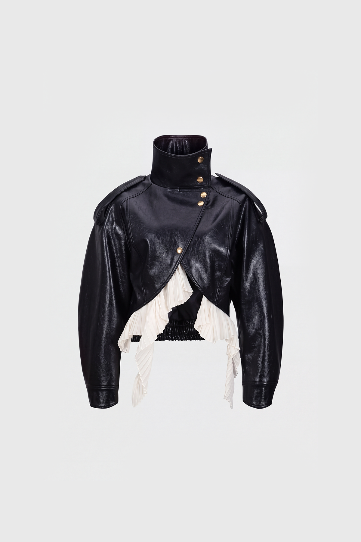 Kimeya High Neck Leather Ruffle Jacket In Black