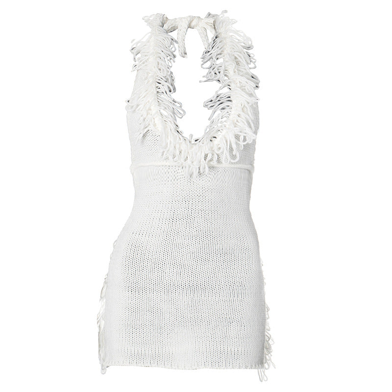 Anchoret Halter Neck Backless Fringe Knit Mini Dress