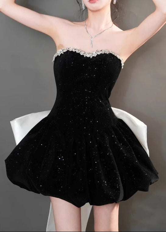 Zaal Rhinestone Bow Sequin Strapless Mini Dress