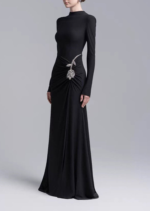 Elisaveta Long Sleeve Rhinestone Flower Maxi Dress In Black