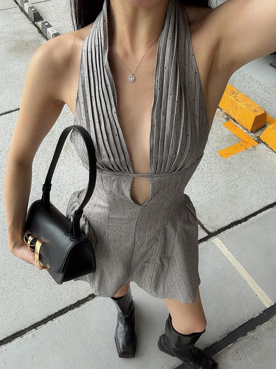 Beale Embellished Halter Neck Cutout Ruffle Mini Dress