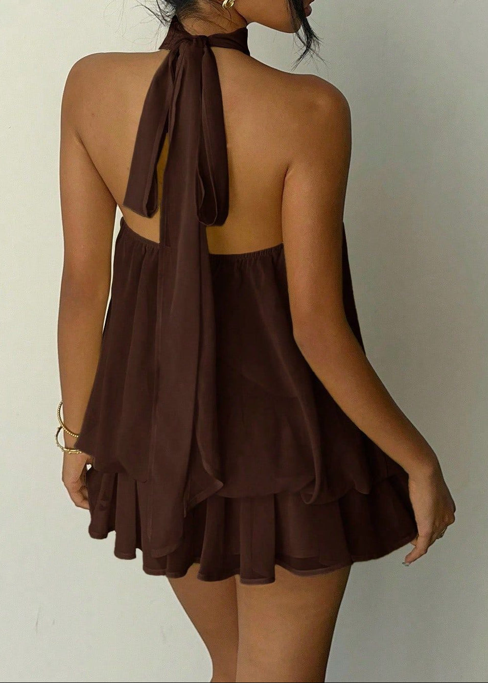 Branden Backless Halter Neck Mini Dress In Brown