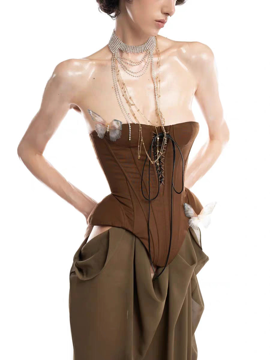 Ardalion Strapless Butterfly Lace Up Skirt Set