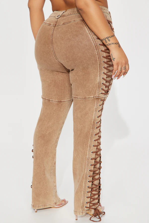 Alwilda Lace Up Jeans In Khaki