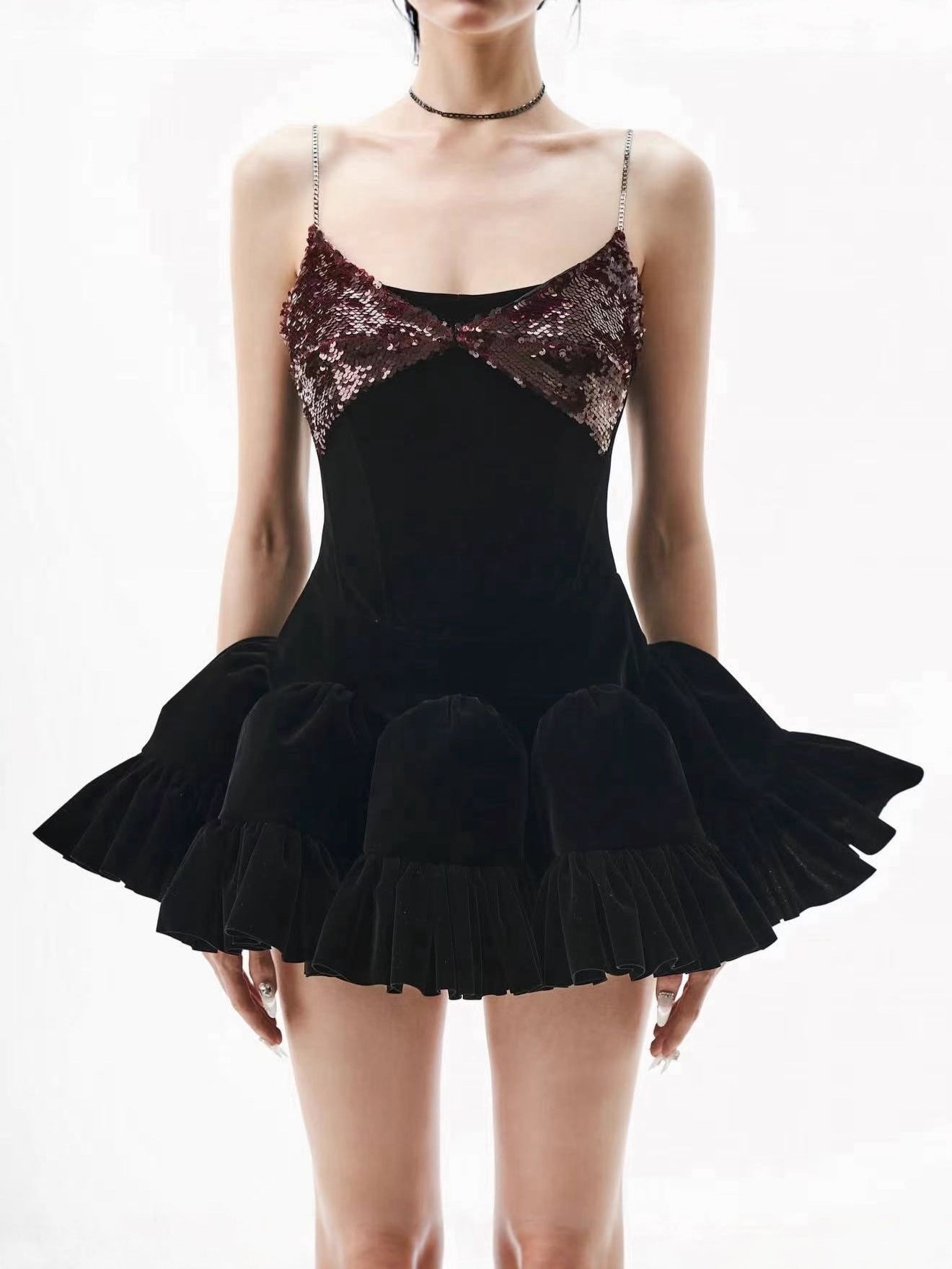 Dayo Spaghetti Sequin Puffy Mini Dress In Black