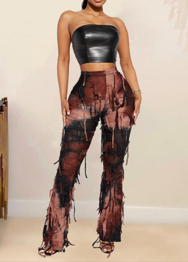 Cecily Tie Dye Fringe Pants Set In Brown