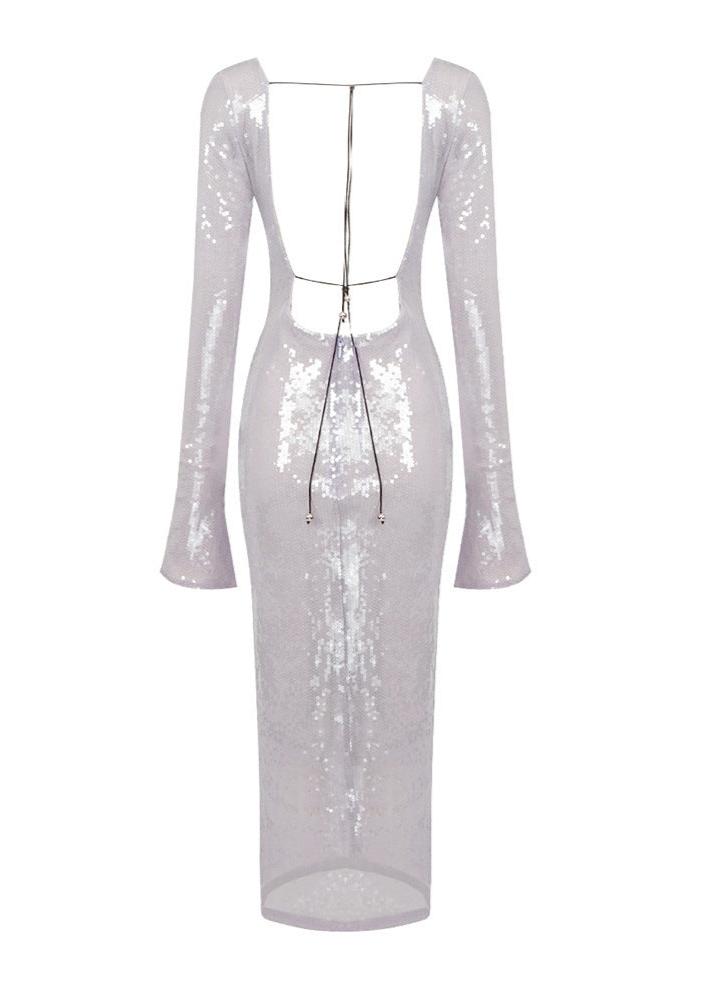 Kestrel Long Sleeve Sequin Backless Midi Dress In Teal