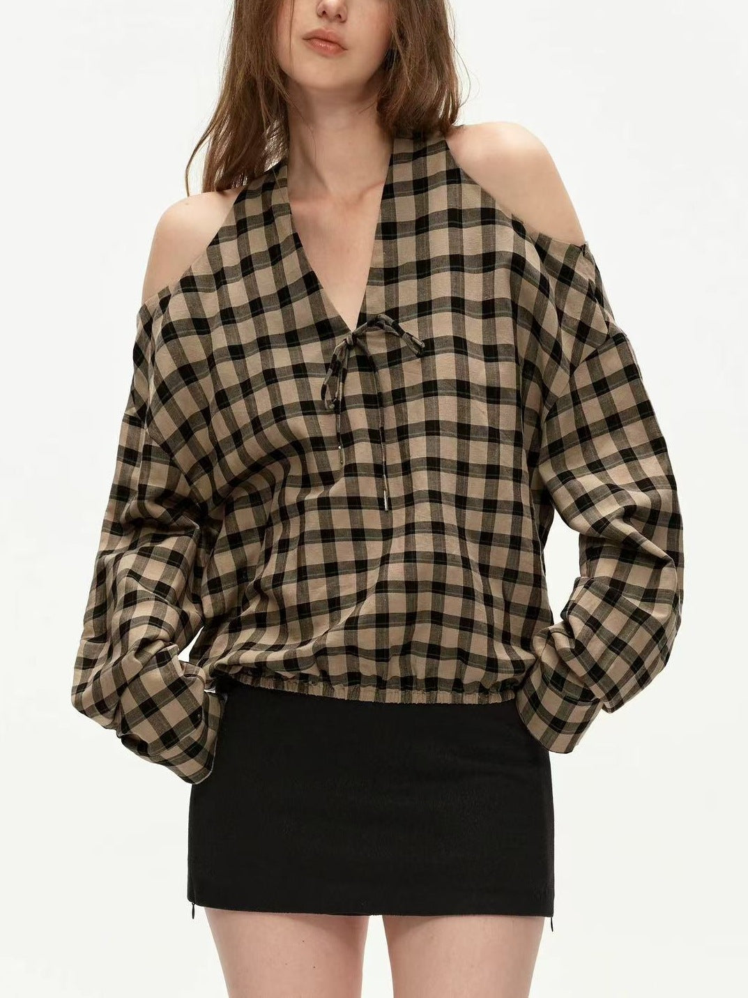 Durans Long Sleeve Cutout Grid Top