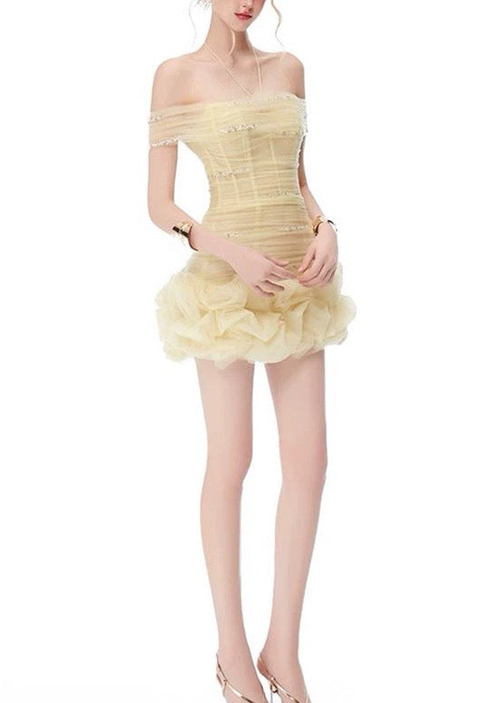 Dulf Off Shoulder Corset Mesh Mini Dress