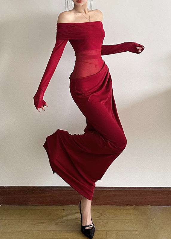 Sieya Off Shoulder Ruch Mesh Maxi Dress In Red