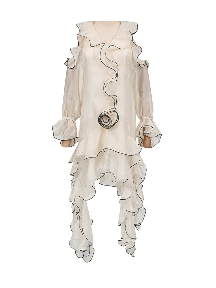 Boro Ruffle Flower Fringe Mini Dress
