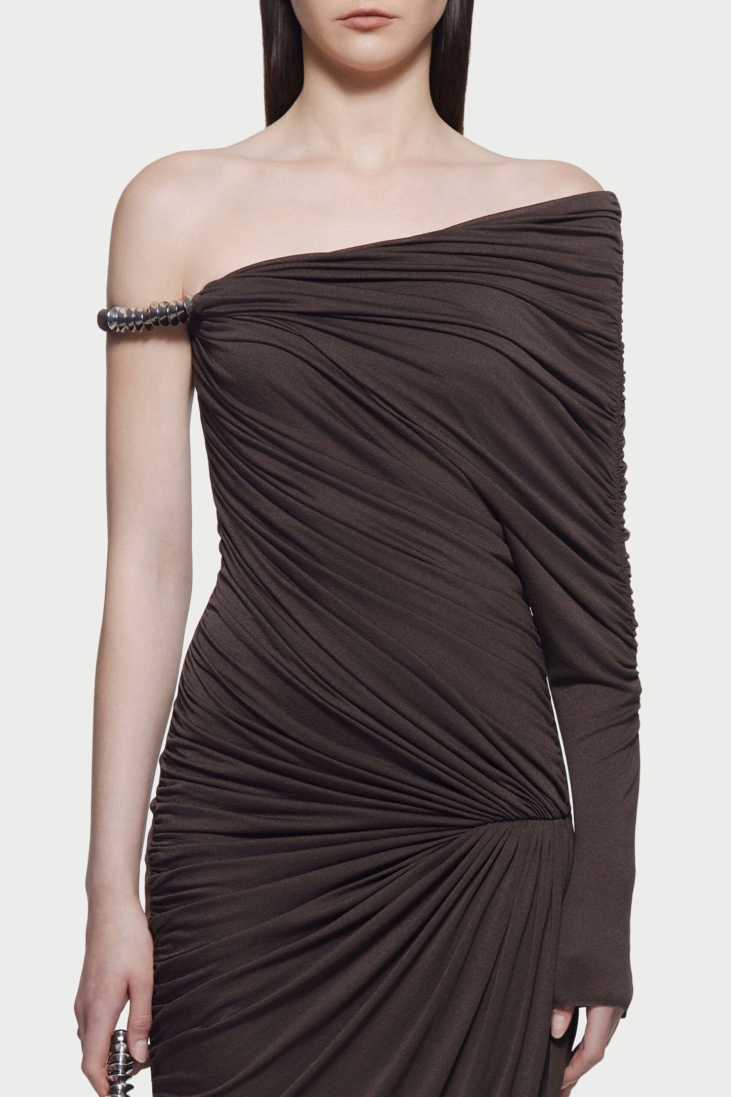 Hachiro Ruch Asymmetric Maxi Dress In Brown