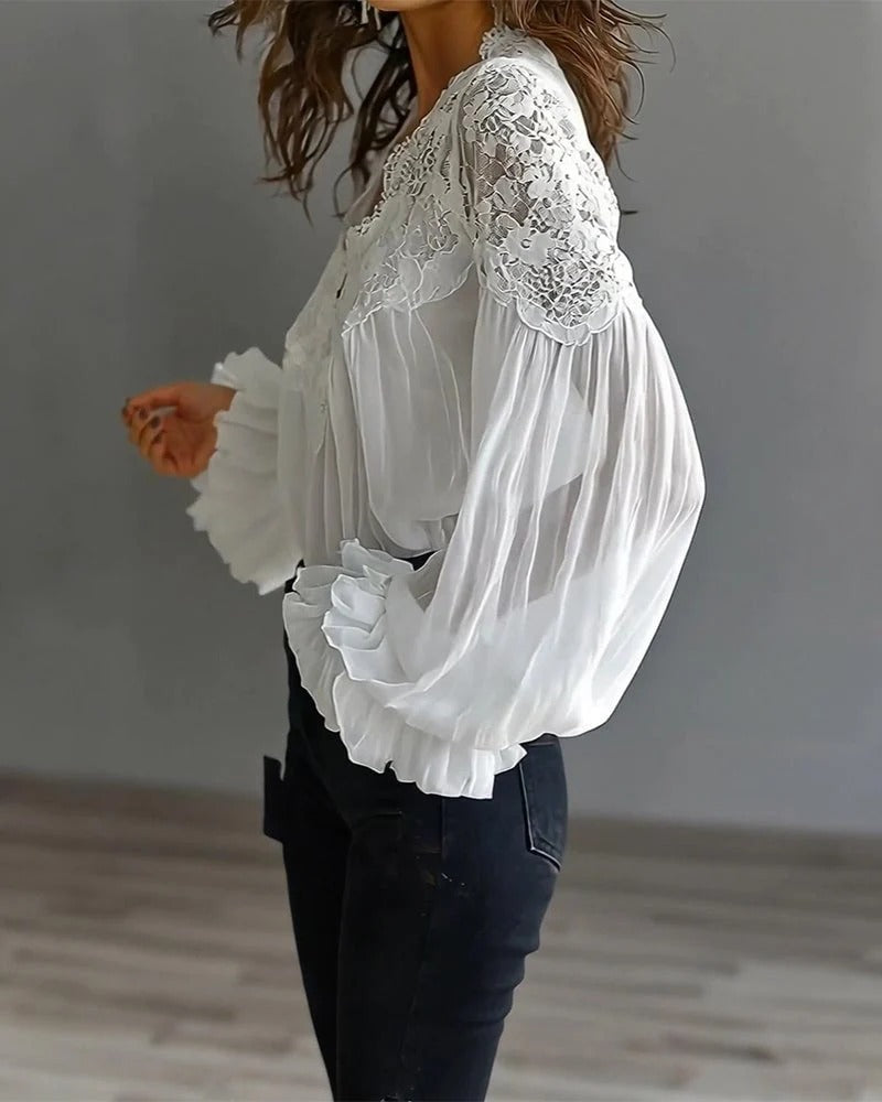 Francisco Balloon Sleeve Lace Ruch Top
