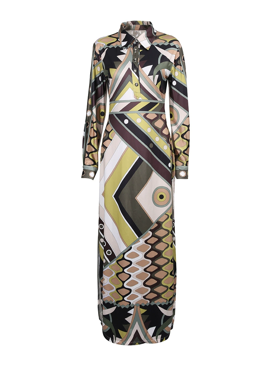 Hardy Lapel Print Maxi Dress In Light Brown