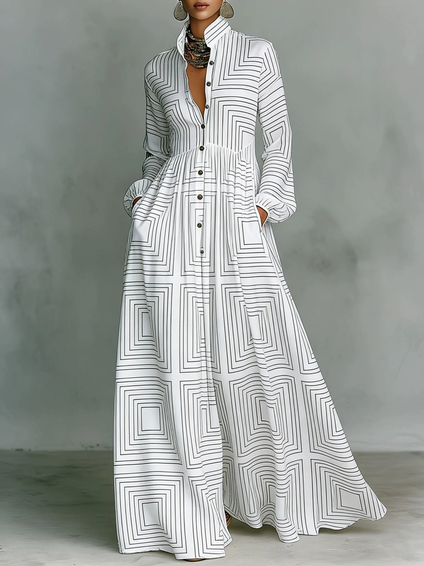 Ilary Plunge Ruch Geometric Maxi Dress In White