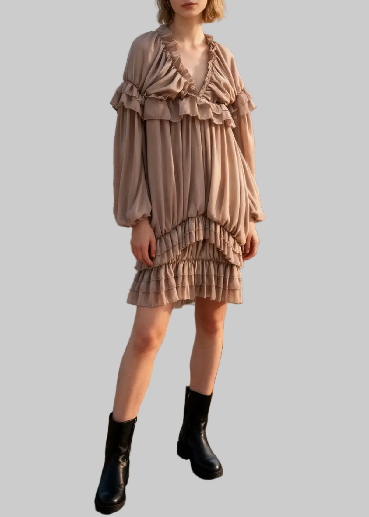Ferre Balloon Sleeve Ruffle Mini Dress