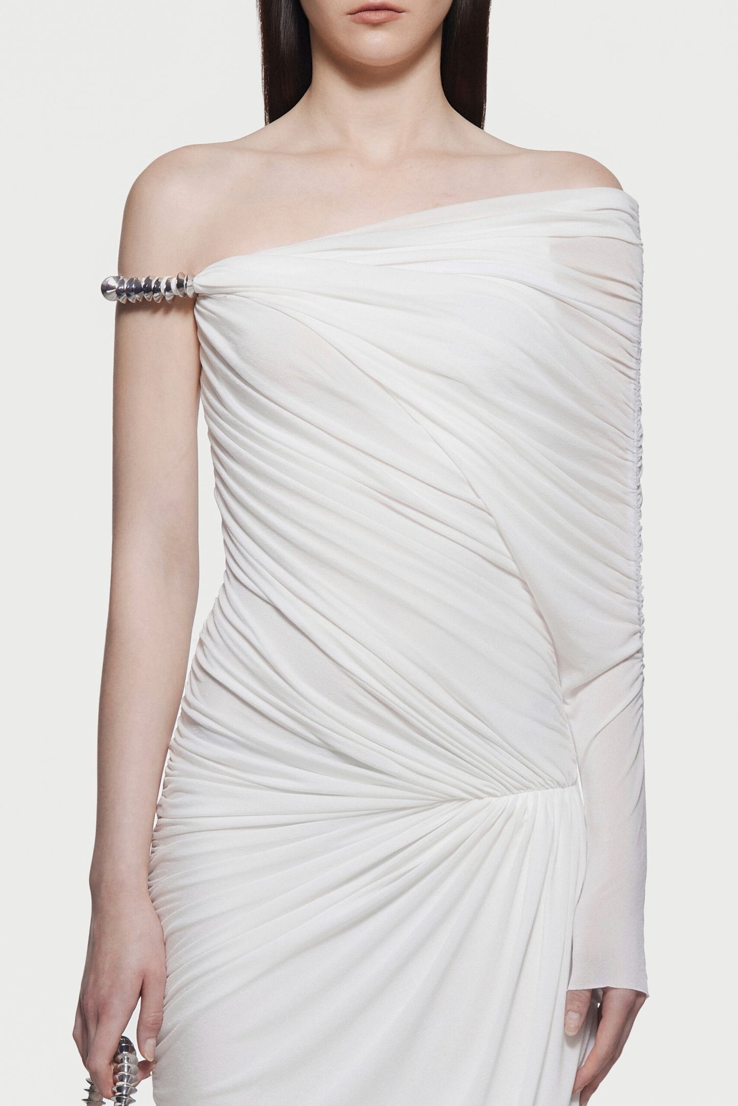 Hachiro Ruch Asymmetric Maxi Dress In White