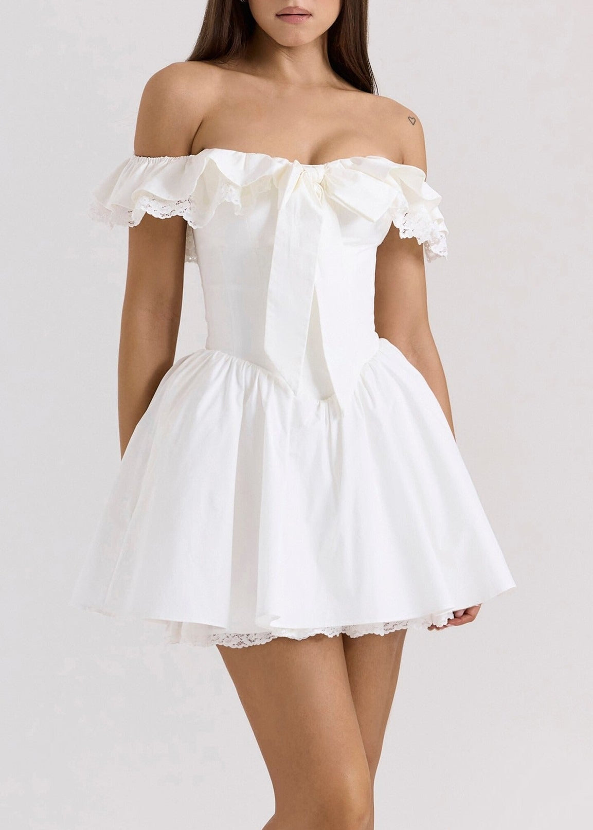 Encarni Off Shoulder Bow Lace Mini Dress