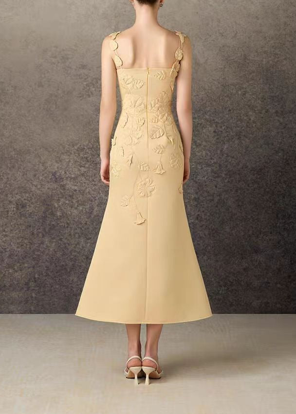 Jaagup Spaghetti Flower Mermaid Midi Dress In Yellow
