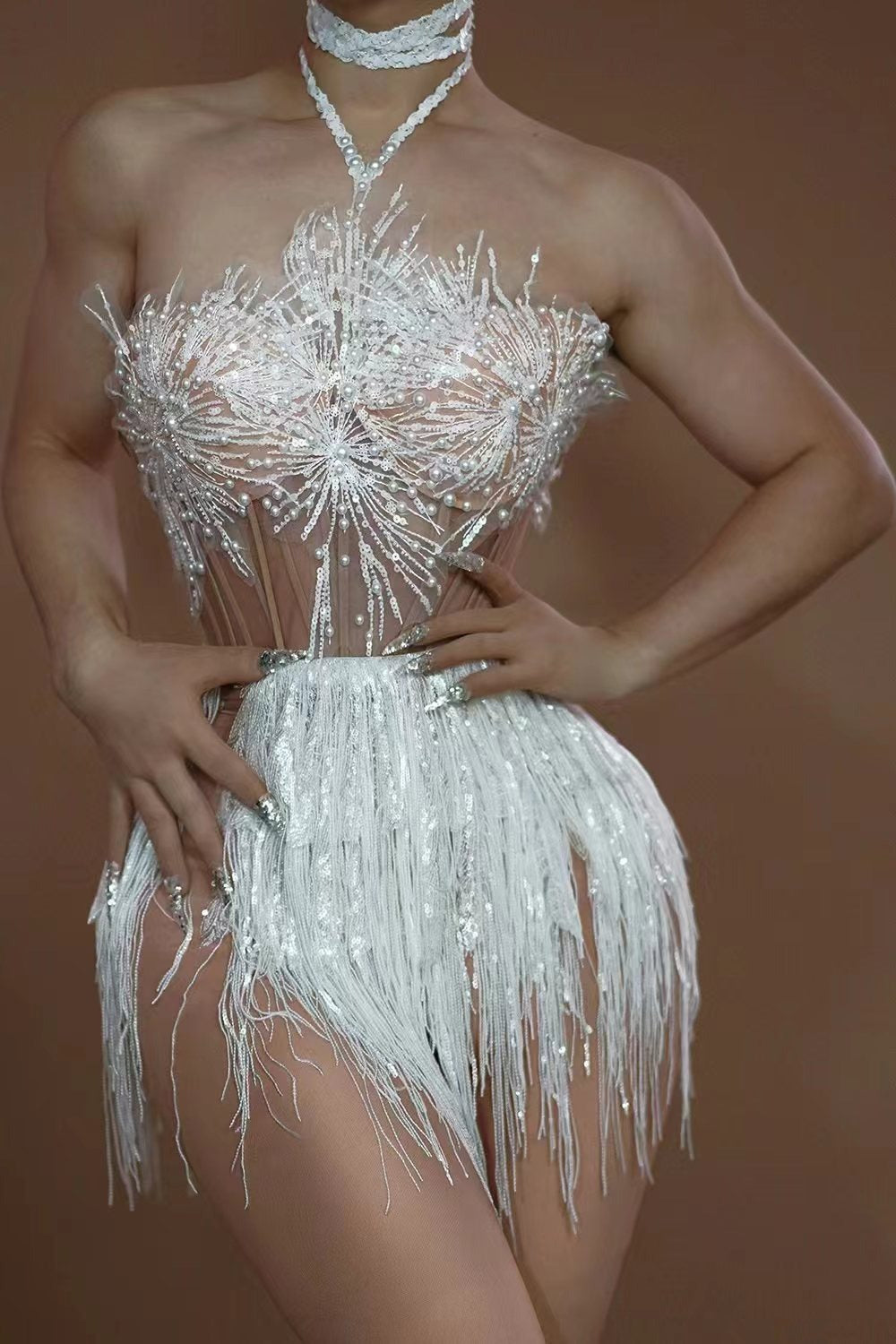 Herodotos Fringe Pearl Mini Dress