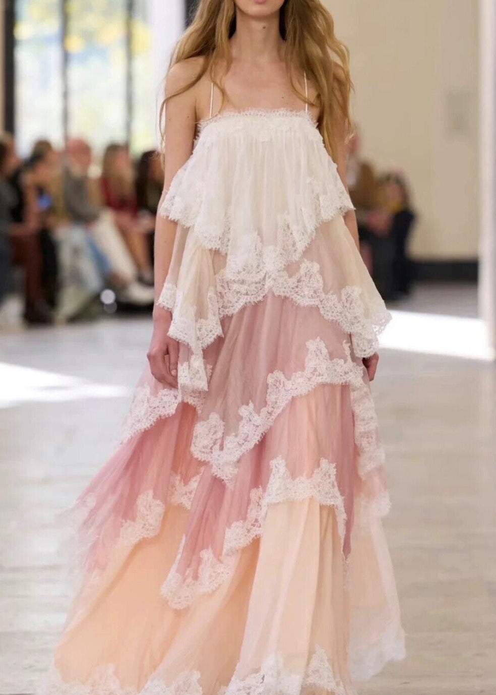 Elric Spaghetti Hayley Lace Maxi Tiered Dress Pink