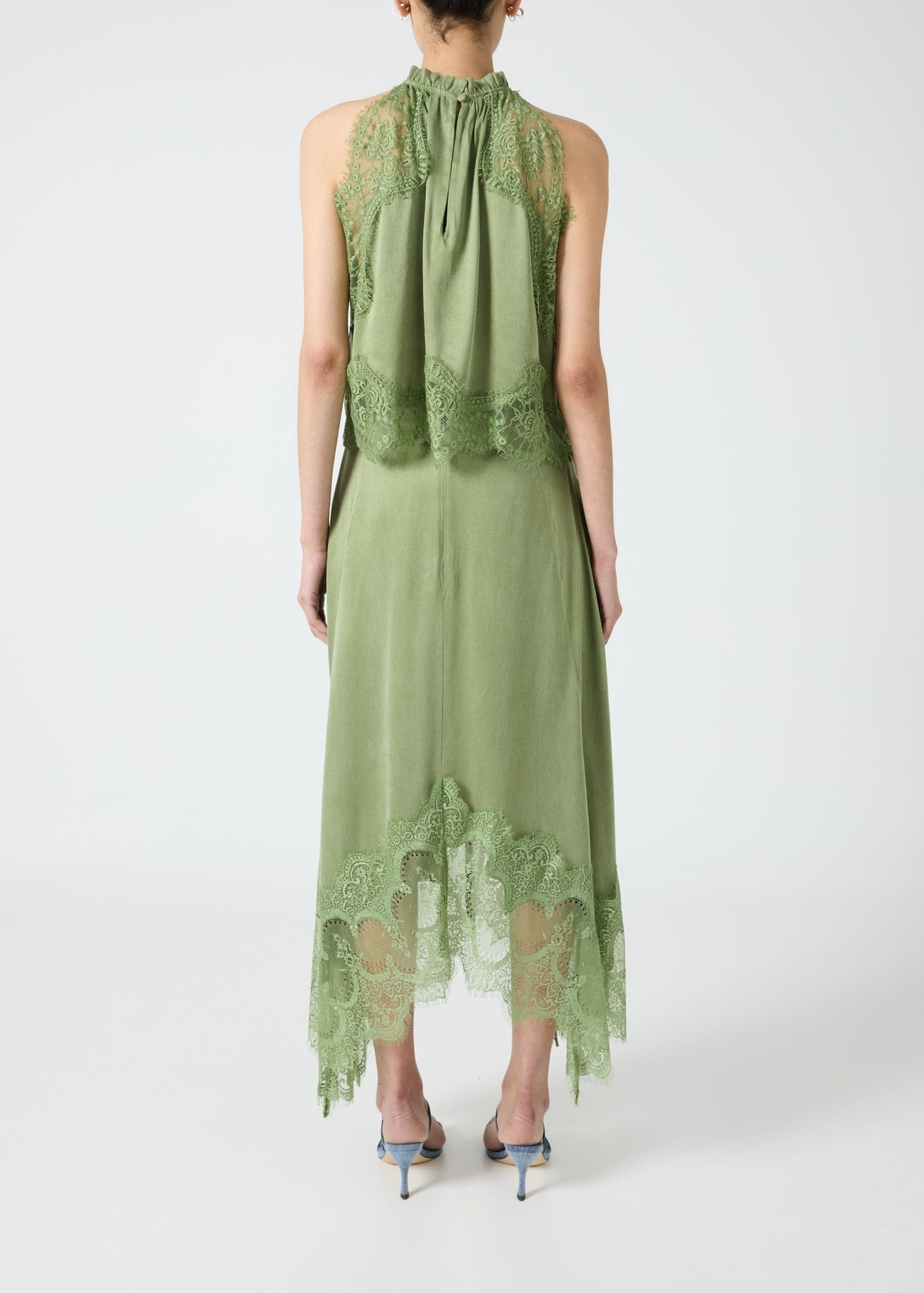 Fester Sleeveless Lace Skirt Set In Sage