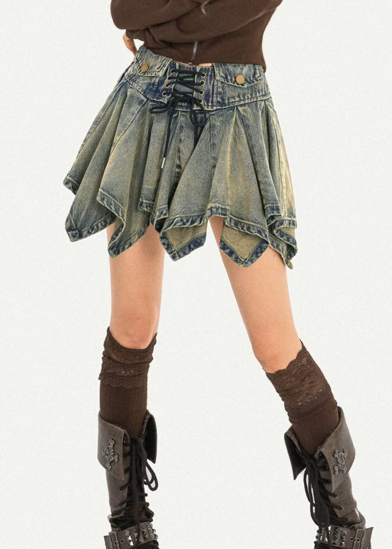 Jeanette Lace Up Ruffle Denim Mini Skirt