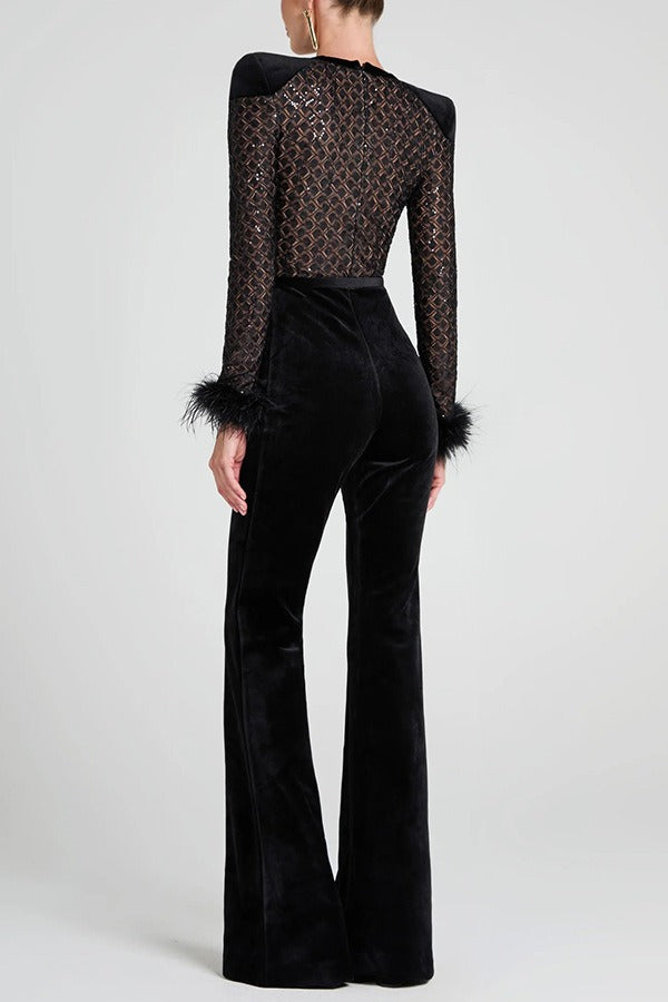 Firuz Feather Velvet Jumpsuit