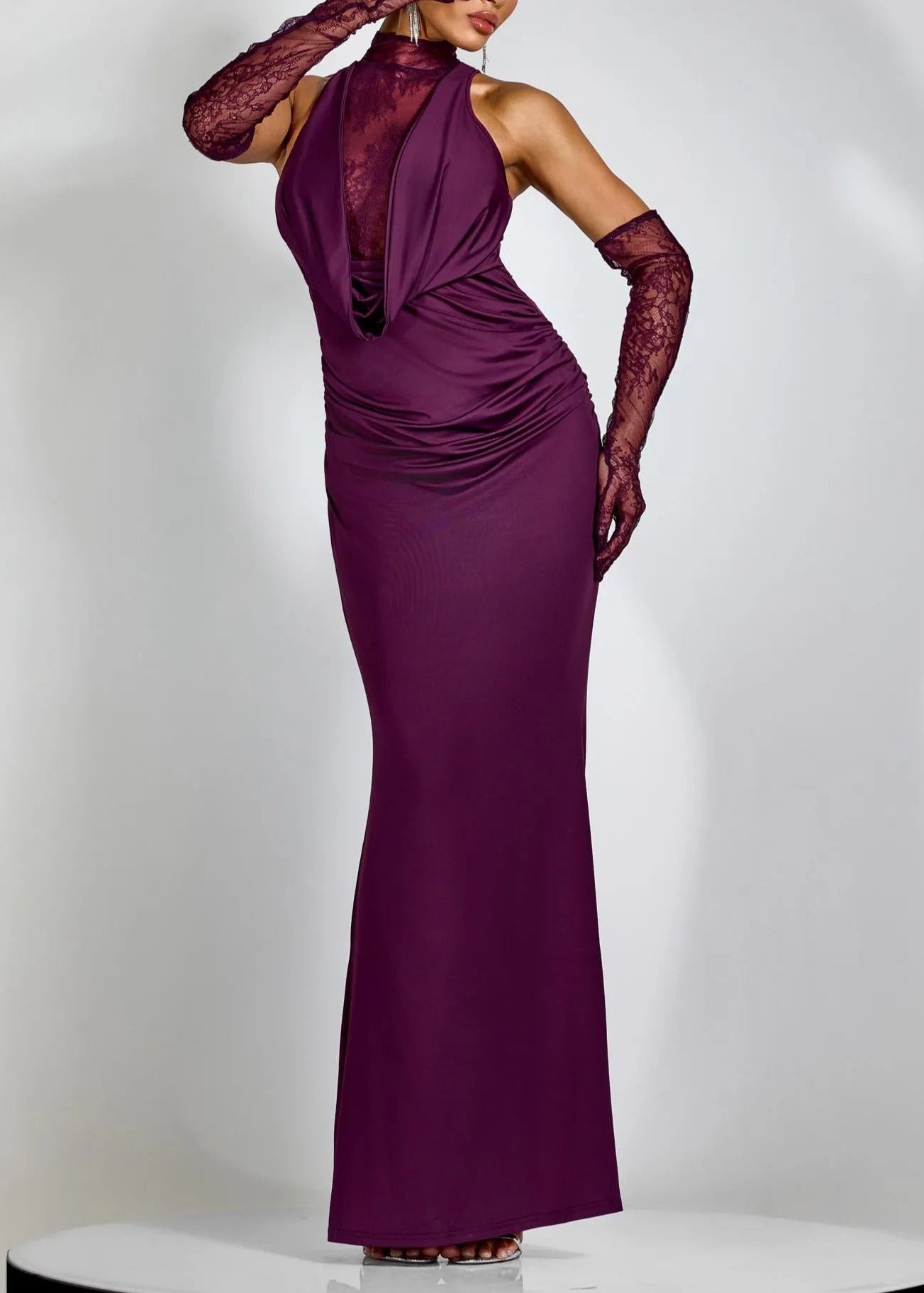 Jemma Cowl Neck Ruch Lace Maxi Dress In Purple