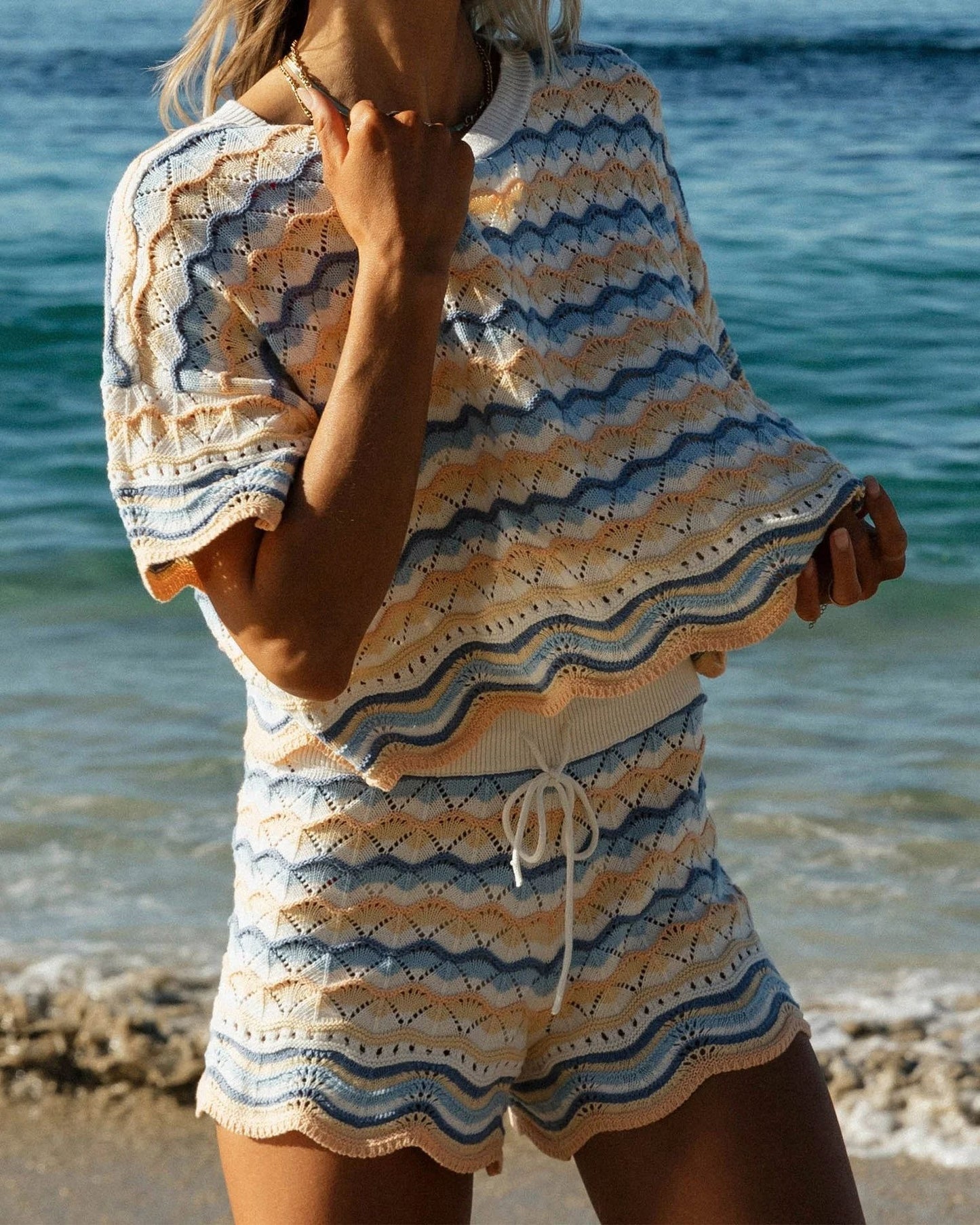Heping Stripe Knit Shorts Set In Blue